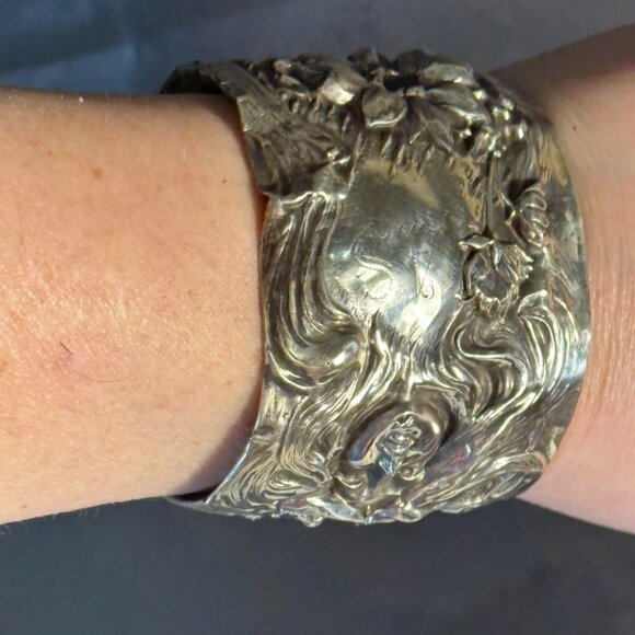 American Beauty Floral Sterling Silver Alphonse Mucha Cuff Bracelet Art Nouveau - Picture 10 of 10